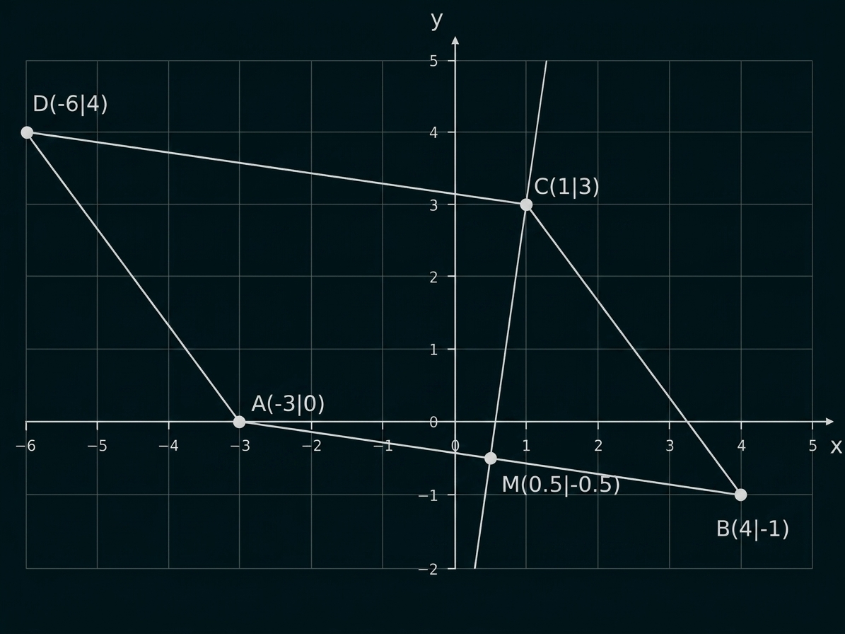 Koordinatensystem mit Punkten A, B, C, D und M, verbunden durch Linien